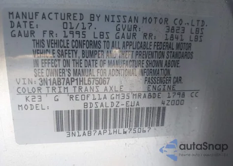 2017 Nissan Sentra Sv z USA, uszkodzony, nr VIN 3N1AB7AP1HL675067